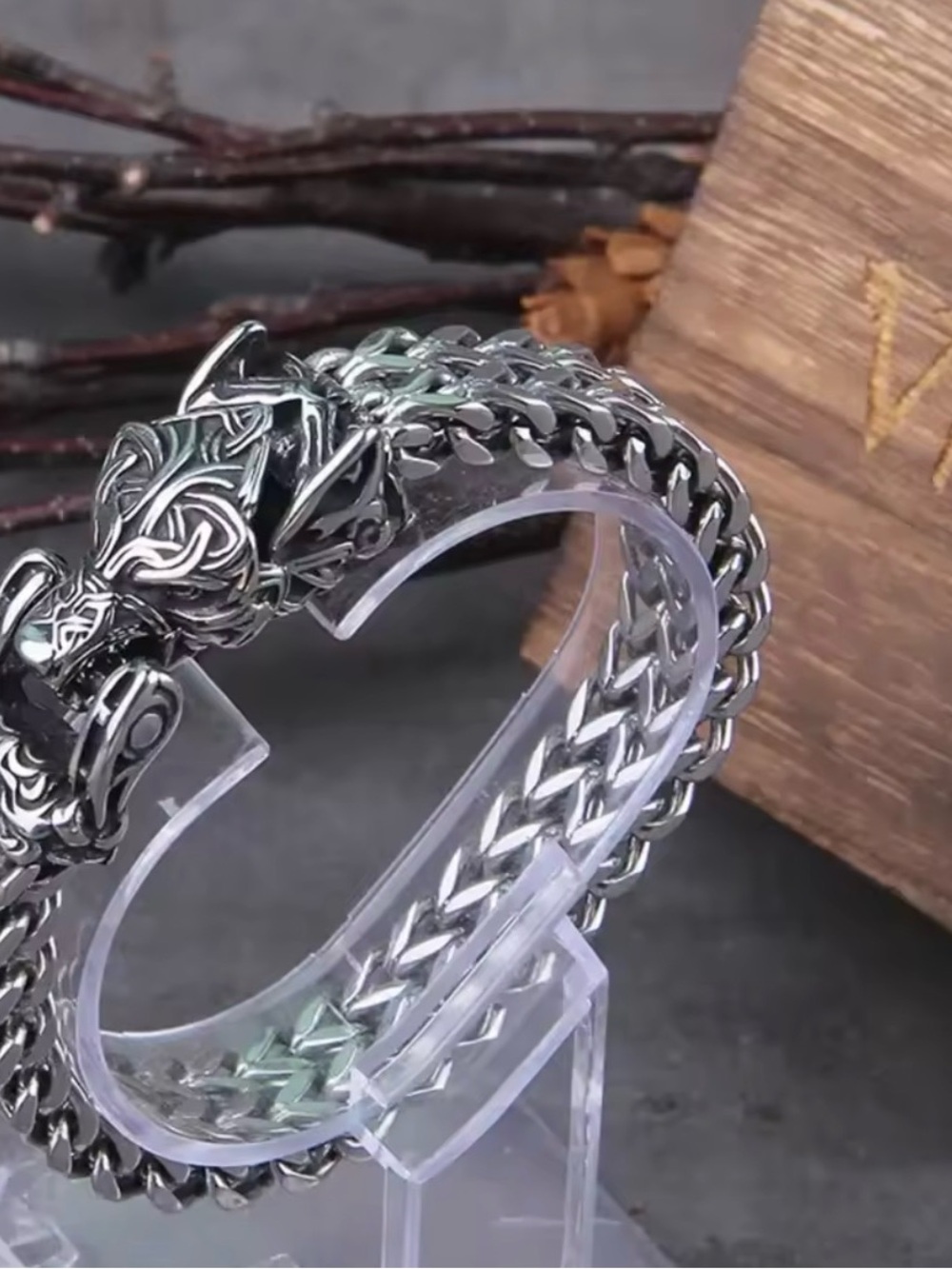 Sterling Silver Viking Wolf Bracelet - Braided Chain - Picture 7 of 11